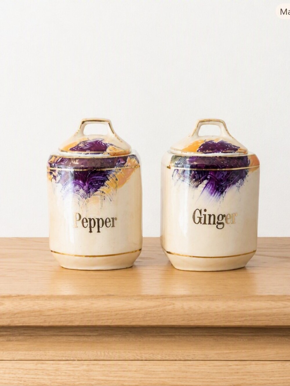 Vintage Ceramic Spice Jars – “Pepper” & “Ginger” – Gold Trim with Purple Feather